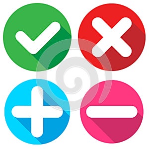Set of flat square check mark, X mark, plus sign and minus sign icons, buttons isolated on a white background. EPS10 vector file