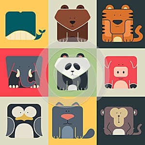 Set flat square icons of a cute animals