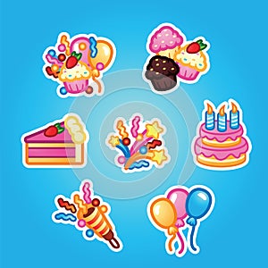 Set flat stickers Birthday cake with candles for celebration party, cake, confectionery cupcakes, colorful balloon