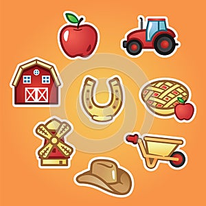 Set flat stickers farm house and tractor, farming windmill, hat, horseshoe, rural wheelbarrow, apple and pie. Outline