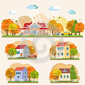 Set of flat style autumn landscapes.