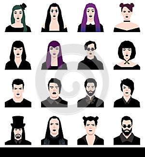 Set in a flat style avatars male and female goths