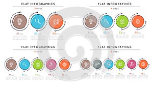 Set of flat style 3-6 steps timeline infographic templates.