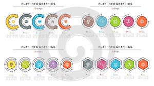 Set of flat style 5 steps timeline infographic templates.