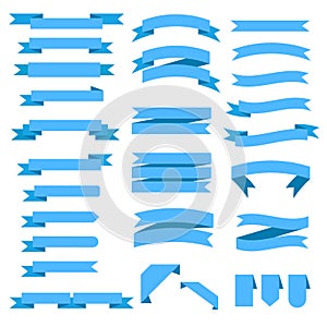 Set of flat tape banners for your design, many different blue ribbons on white, stock vector illustration