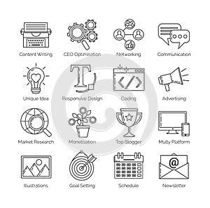 A set of flat thin line icons on white background for successful blogging business. It includes: newsletter, social, seo, content