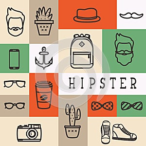 Set of flat thinline icons of hipster silhouette