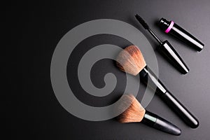 Set of flat top view of various professional female cosmetics br