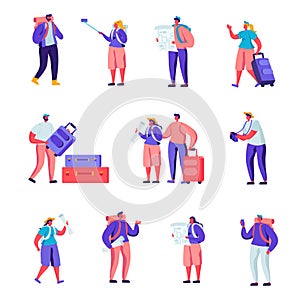 Set of Flat Tourists Traveling Around the World Characters. Cartoon People Couple with Luggage Watching Map