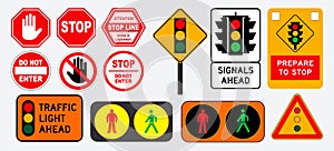 Set of flat traffic light and stop sign.