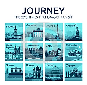 Set of flat travel icons with different countries. Journey. Countries that is worth visit photo