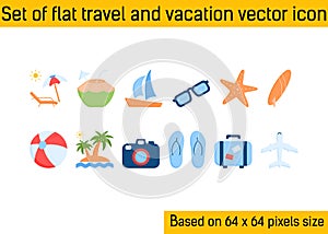 Set of flat travel and vacation vector icons. Palm tree, ship, beach ball, starfish and more. Based 64x64 pixels size. EPS file