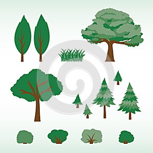 Set of flat trees, bushes and grass