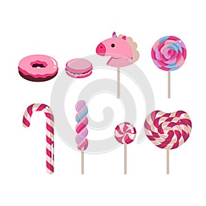 Set of flat vector candies. Candy cane, donut, macaron, caramel colored on white background.