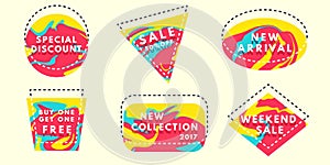 Set of flat vector geometrical vintage color banners. Spilled dye texture.
