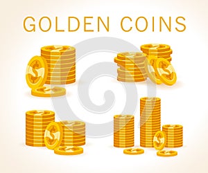 Set of flat vector golden coins on white background.