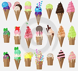 Set of flat vector ice cream cone with sweets. Collection ice cream cones with blueberry, caramel, lemon sundae.