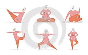 Set of flat vector illustration Senior Yoga. Cute grandmother in various positions.