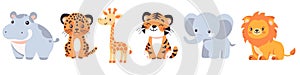 Set of flat vector illustrations. Cute animals of Africa and safari on white background, lion, cheetah, tiger, elephant