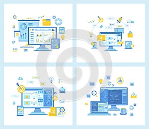 Set of flat vector illustrations for Data analysis, Accounting, Analytics. Digital marketing, Social network and Media communicati