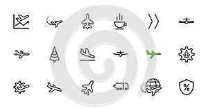 Set of flat vector line icons. It contains symbols for airplanes, globes, flights, transportation and more. on a white