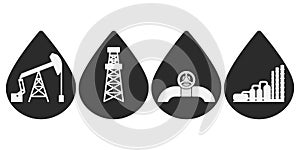 Set of flat vector onshore icons for oil and gas industry; graphic grey petroleum signs in drops of oil: sucker rod pump, drilling
