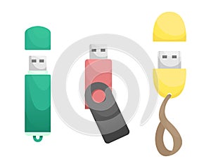 Set of 3 flat vector USB flash drive. Data storage device, computer accessories. Personal data