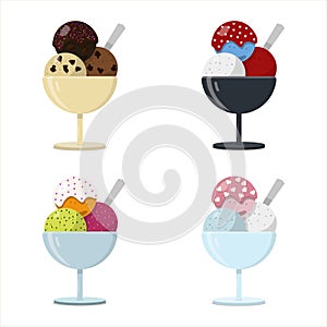 Set of flat vector vases with ice cream balls. Multi-colored Gelato balls with different tastes in a glass on a leg in a