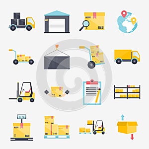 Set of flat warehouse icons logistic blank and transportation, s