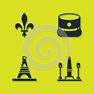 Set Fleur De Lys, Place La Concorde, Eiffel tower and Kepi icon. Vector