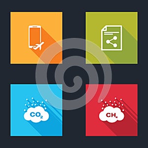 Set Flight mode in the mobile, Share file, CO2 emissions cloud and Methane reduction icon. Vector