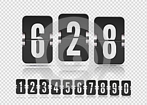 Set of flip numbers on a mechanical score board with reflection different floating. Vector template for your design.