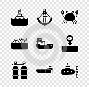 Set Floating buoy, Anchor, Crab, Aqualung, Inflatable boat with motor, Submarine, Sharp stone reefs and Cargo ship icon