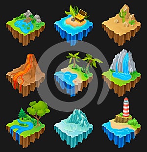 Set of floating platforms with different landscapes. Volcano with lava, desert with cacti, waterfall, island with