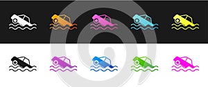 Set Flood car icon isolated on black and white background. Insurance concept. Flood disaster concept. Security, safety