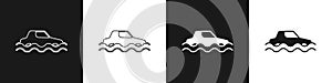 Set Flood car icon isolated on black and white background. Insurance concept. Flood disaster concept. Security, safety