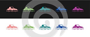 Set Flood car icon isolated on black and white background. Insurance concept. Flood disaster concept. Security, safety