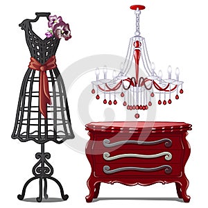 Set of floor hangers, chandeliers and chest of drawers. Collection of objects in classical style. Image in cartoon style