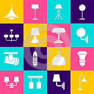 Set Floor lamp, LED light bulb, Wall sconce, Table, Chandelier, and icon. Vector