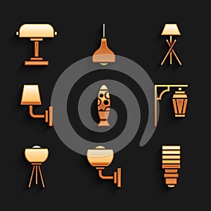 Set Floor lamp, Wall sconce, LED light bulb, Vintage street, and Table icon. Vector