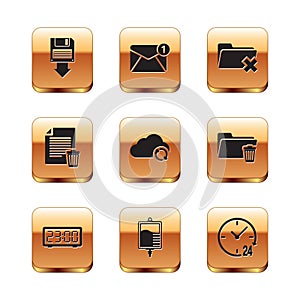Set Floppy disk backup, Digital alarm clock, IV bag, Cloud sync refresh, Delete file document and folder icon. Vector