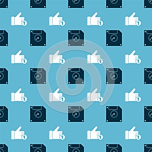 Set Floppy disk for computer data storage and Hand like on seamless pattern. Vector