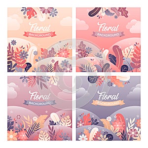 Set of Floral Backgrounds with Flowers and Leaves Elements