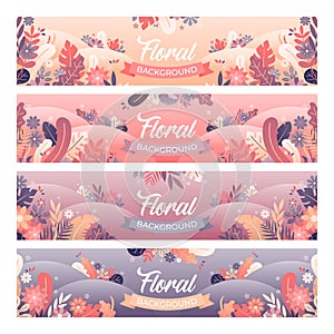Set of Floral Backgrounds with Flowers and Leaves Elements