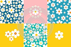 Set of floral backgrounds seamless patterns, daisies vector background in cartoon naive style