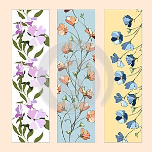 A set of floral bookmarks, flyers with pink and white flowers for layout, corporate identity and design. Flat style vector