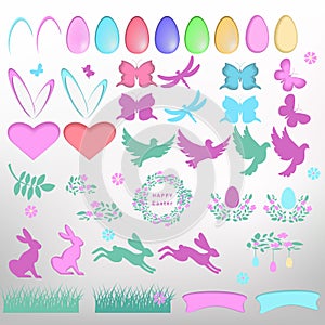 Set of floral brunches and leaves, flowers, eggs. Decorative elements for Easter