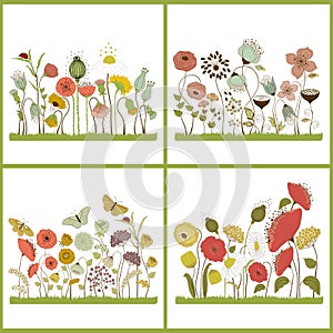 Set of floral card with stylized flowers and butterflies