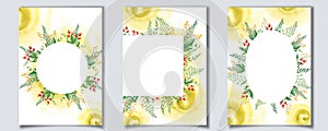 Set of floral card templates with red berries, fern, green branches, yellow wildflowers, watercolor splashes. For save
