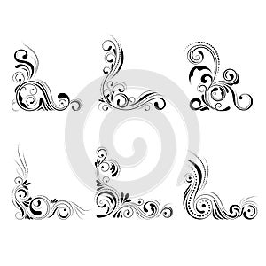 Set floral corner design. Swirl ornament isolated on white background - vector illustration. Decorative border with